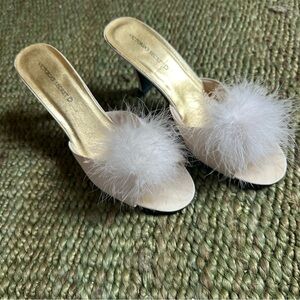 Victoria's Secret Ivory Marabou High Heel Satin Feather Boudoir Shoes Heels 8-9